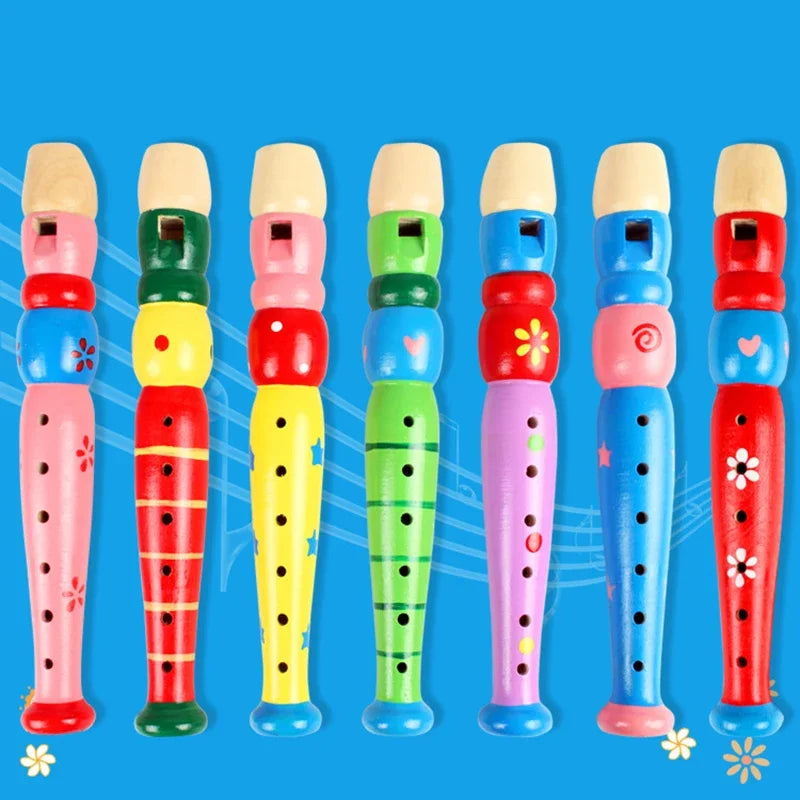 Colorful wooden flute trumpet buglet hooter with painted floral and geometric patterns for kids educational learning