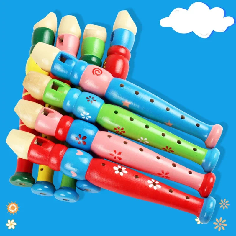 Colorful wooden flute with painted floral designs and pastel body for kids educational learning trumpet buglet hooter toy