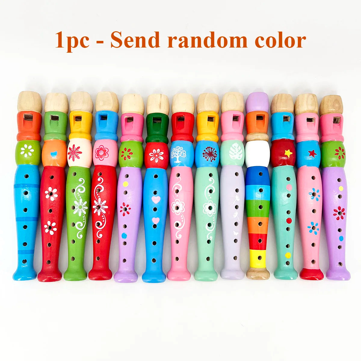 A collection of colorful wooden flute trumpet buglet hooters featuring unique painted designs for kids educational learning