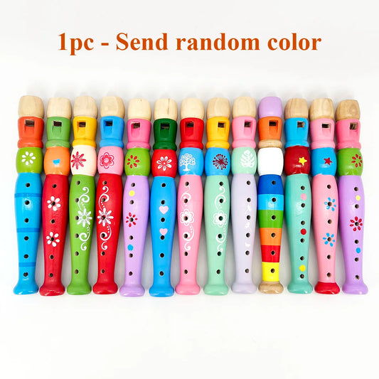 A collection of colorful wooden flute trumpet buglet hooters featuring unique painted designs for kids educational learning