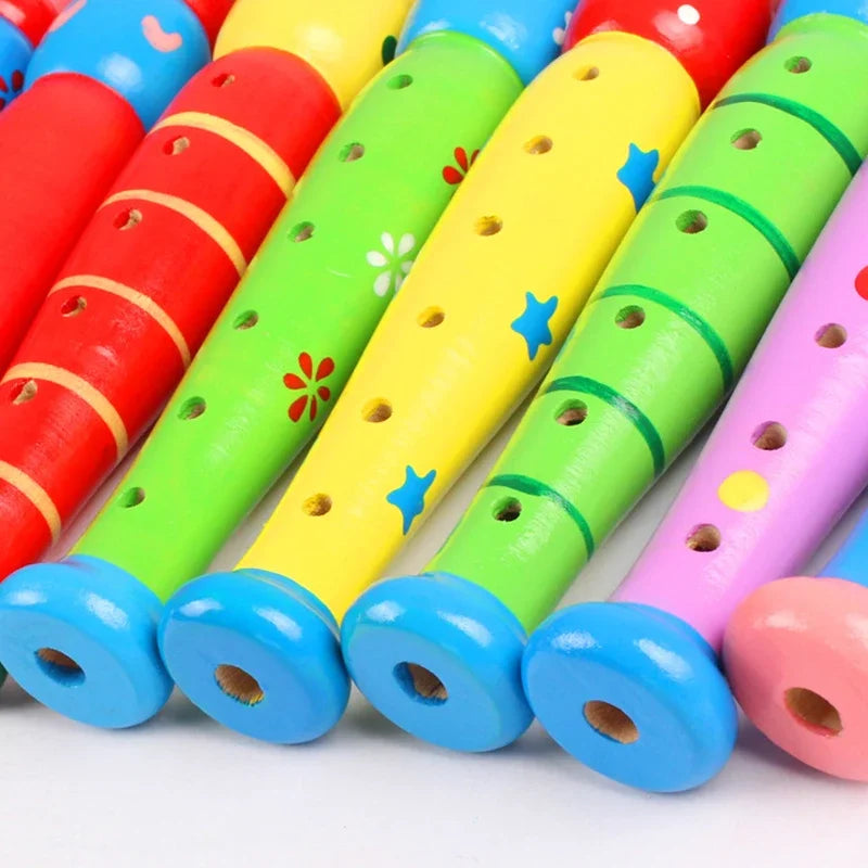 Colorful wooden flute with painted designs and blue ends, a 20cm trumpet buglet hooter for kids educational learning