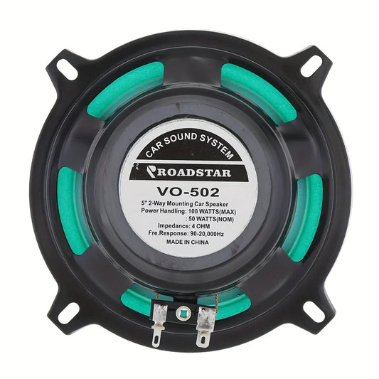Black and teal roadstar vo-502 5-inch coaxial subwoofer universal car speaker with four mounting tabs for automotive audio hifi use