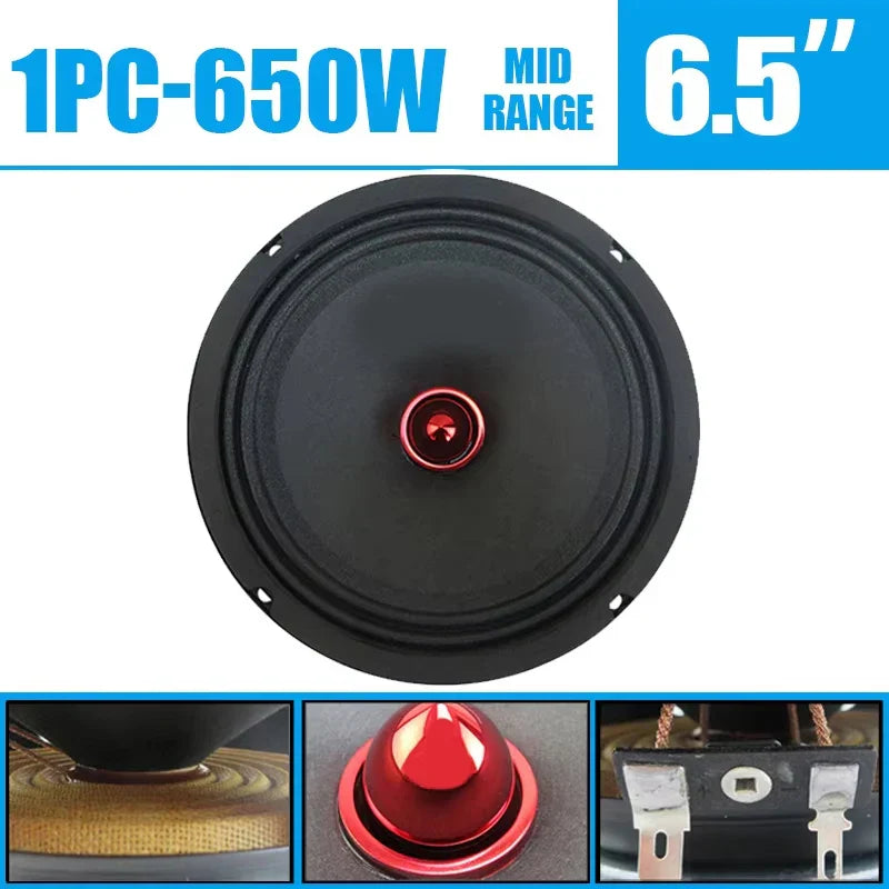 6.5-inch black mid-range car speaker with red metallic center cone and mounting hardware for car audio modification vehicle door speaker