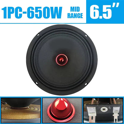 6.5-inch black mid-range car speaker with red metallic center cone and mounting hardware for car audio modification vehicle door speaker