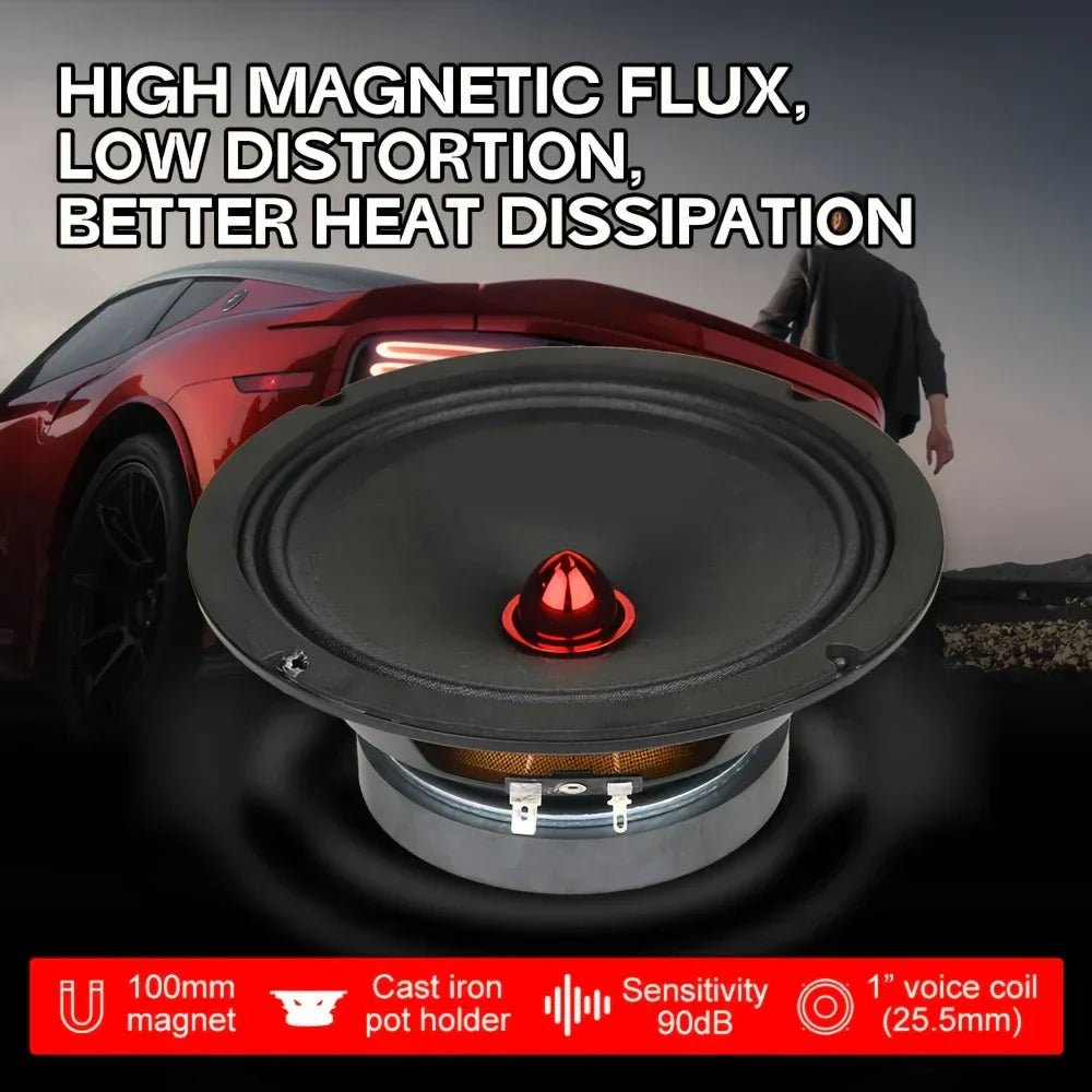 Black 100mm car speaker with red conical center and cast iron pot holder for car audio modification and vehicle door speaker