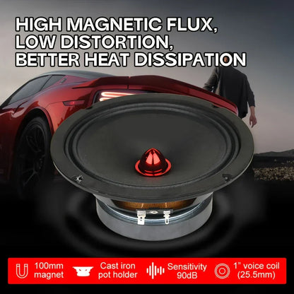 Black 100mm car speaker with red conical center and cast iron pot holder for car audio modification and vehicle door speaker