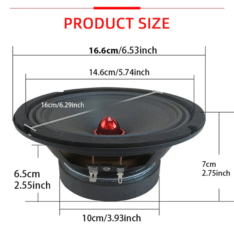 Black 6.5 inch car speaker with red conical dust cap and metallic brackets for car audio modification vehicle door speaker