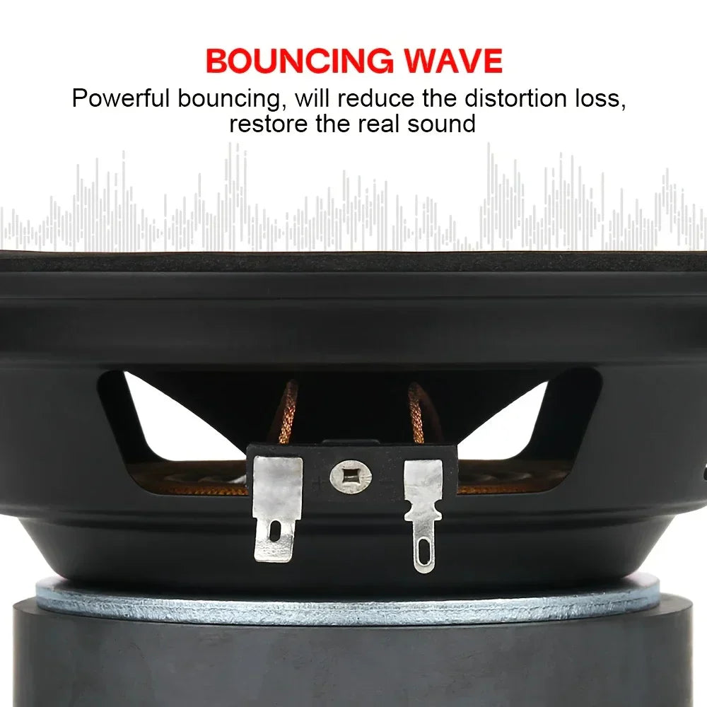 Black 650w 6.5 inch car speaker with silver terminal connectors and bouncing wave design for car audio modification