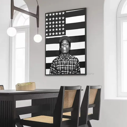 Black-and-white framed portrait of A$APS Rocky in checkered shirt and patterned cap with american flag poster sticker