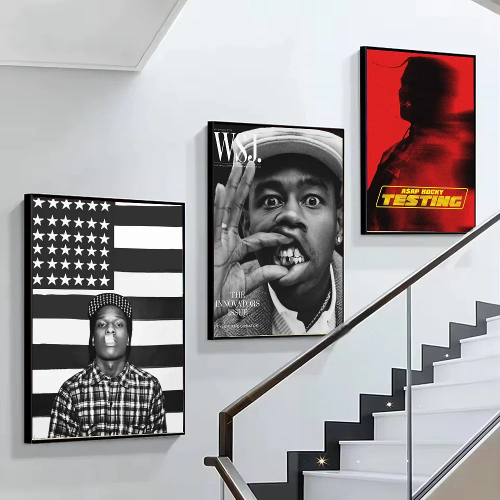 Black-and-white framed poster of a man in plaid shirt and checkered cap before american flag for wall decor