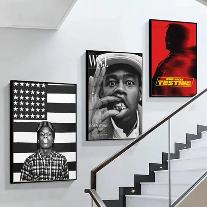 Black-and-white framed poster of a man in plaid shirt and checkered cap before american flag for wall decor