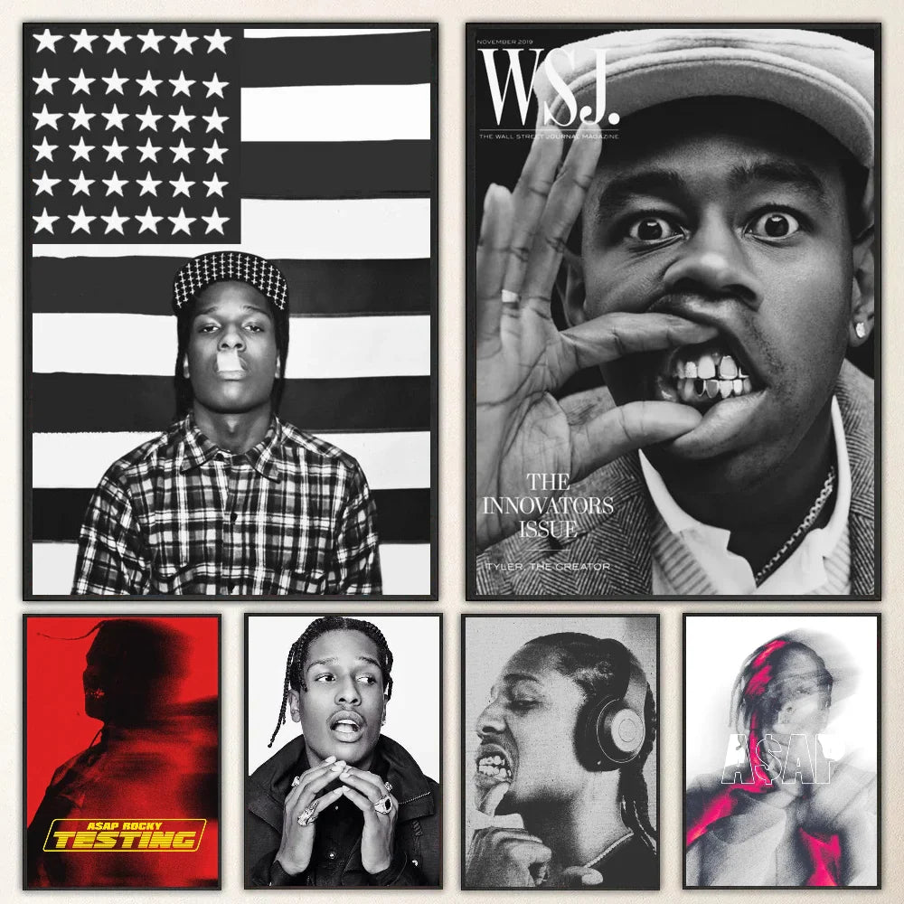 Black and white framed posters featuring iconic hip hop artists including tyler the creator for wall decor