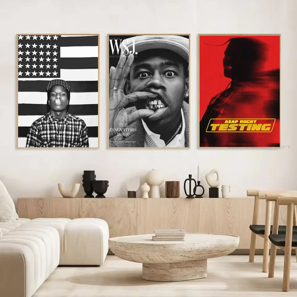 Three framed black and white and red hip hop artist posters including a wsj magazine cover on waterproof self-adhesive paper