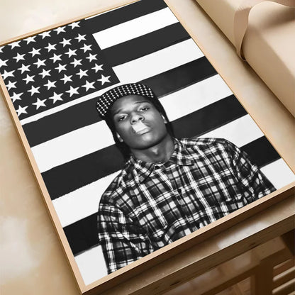 Black-and-white framed poster of a$ap rocky in plaid shirt and checkered cap with american flag backdrop for wall decor