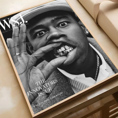 Black-and-white framed wall street journal cover featuring tyler the creator on waterproof self-adhesive paper sticker