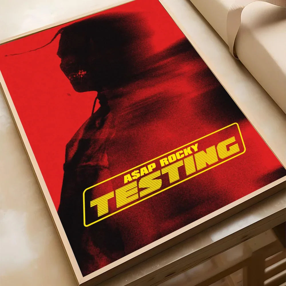 Red and black framed self-adhesive waterproof paper poster of asap rocky testing album cover for coffee house decor