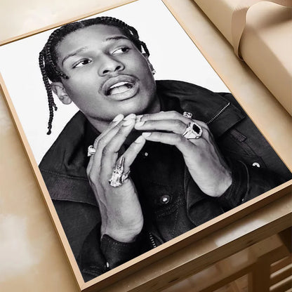 Black and white framed portrait of a man with braided hair and rings on self-adhesive waterproof poster for wall decor