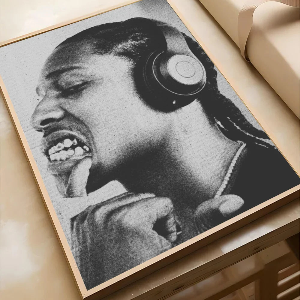 Black-and-white framed 1pc asap rocky rap poster with grainy texture on self-adhesive waterproof paper for wall decor