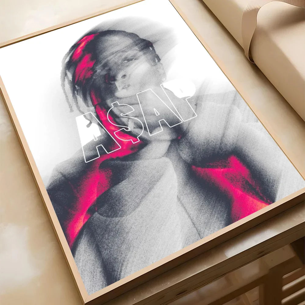 A framed 1pc A$AP Rocky poster with bold red accents and white outline lettering on monochrome self-adhesive paper