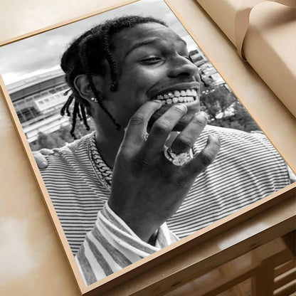 Black-and-white framed portrait of A$AP Rocky smiling with braided hair and diamond grillz on waterproof paper sticker