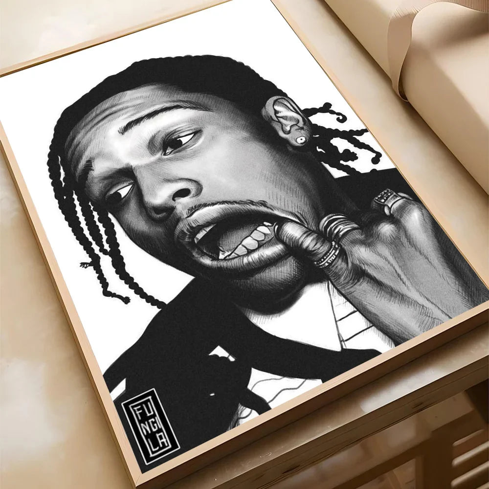 Black and white framed ink-style portrait of a man with dreadlocks and rings on a self-adhesive waterproof poster