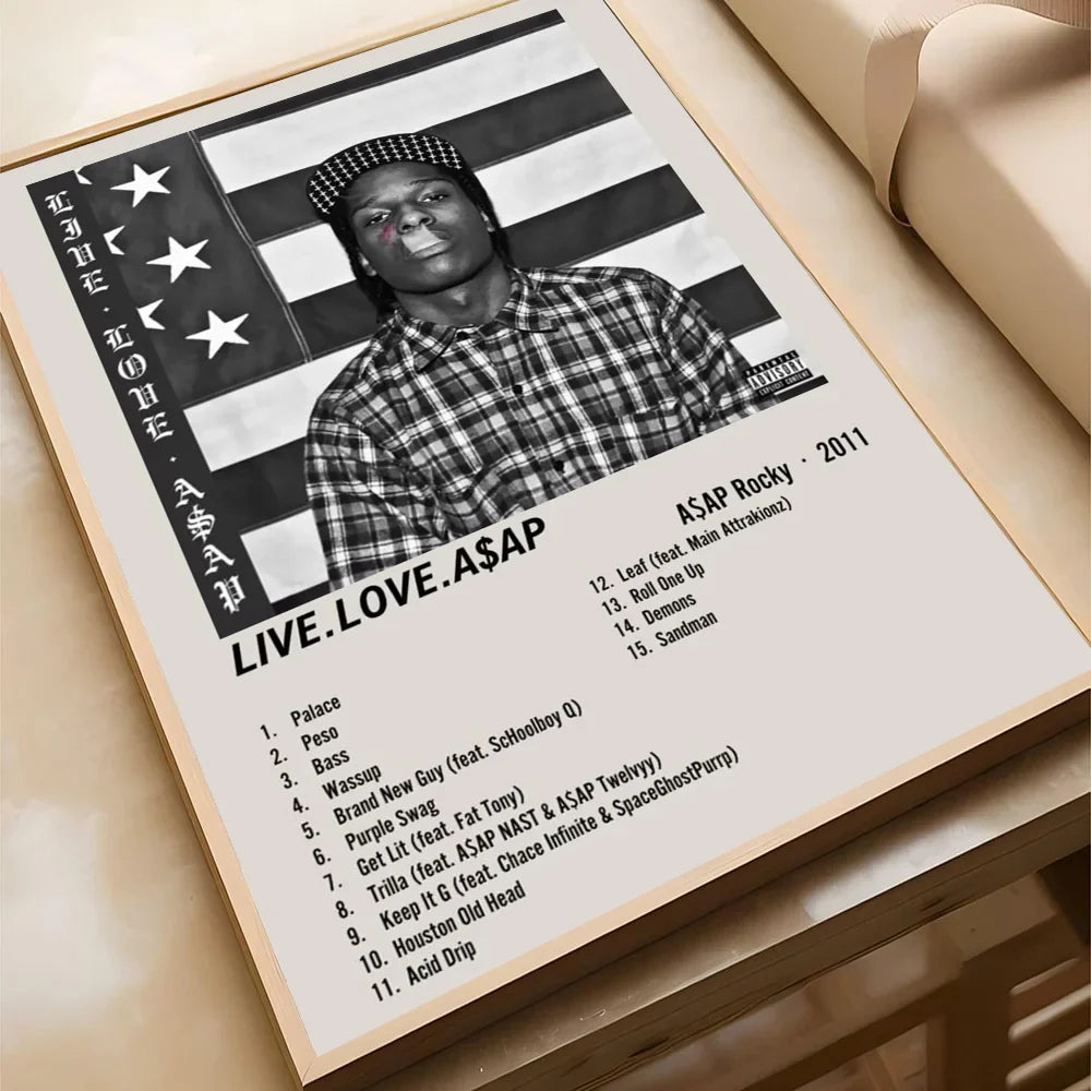 Black-and-white framed poster of asap rocky in plaid shirt with american flag backdrop displaying 2011 album tracklist