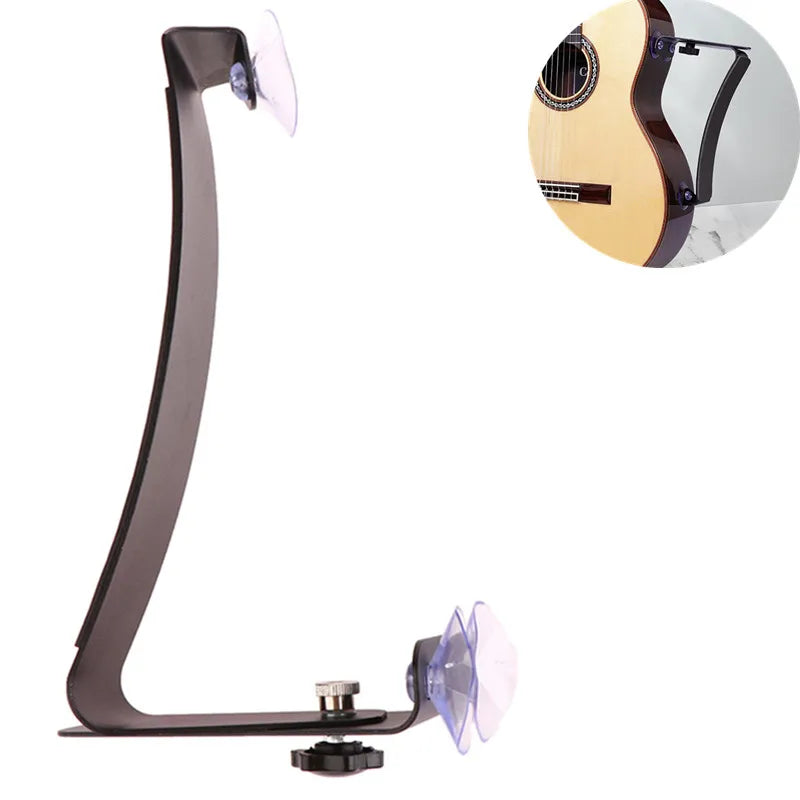 Black metal classical guitar backrest frame with two clear suction cups and mounting bracket for acoustic guitar footrest