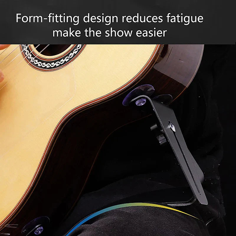 Black acoustic guitar footrest with sleek design and purple suction cups for classical guitar backrest frame support