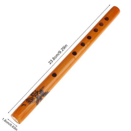 A light brown wooden holes bamboo flute clarinet student musical instrument with seven finger holes and floral design