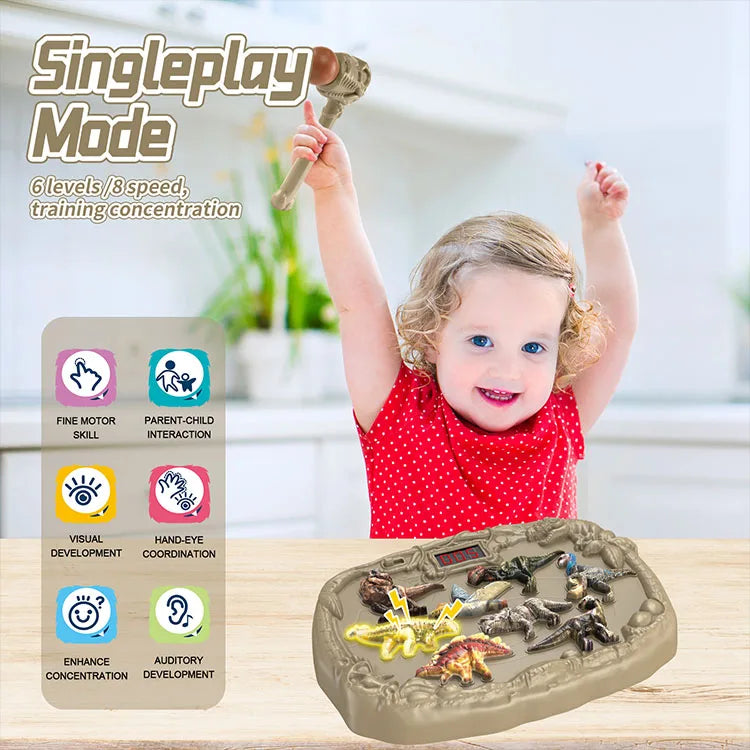 Beige plastic 1pc dinosaur whack-a-mole game with led scoring music and colorful dinosaurs for early educational toys