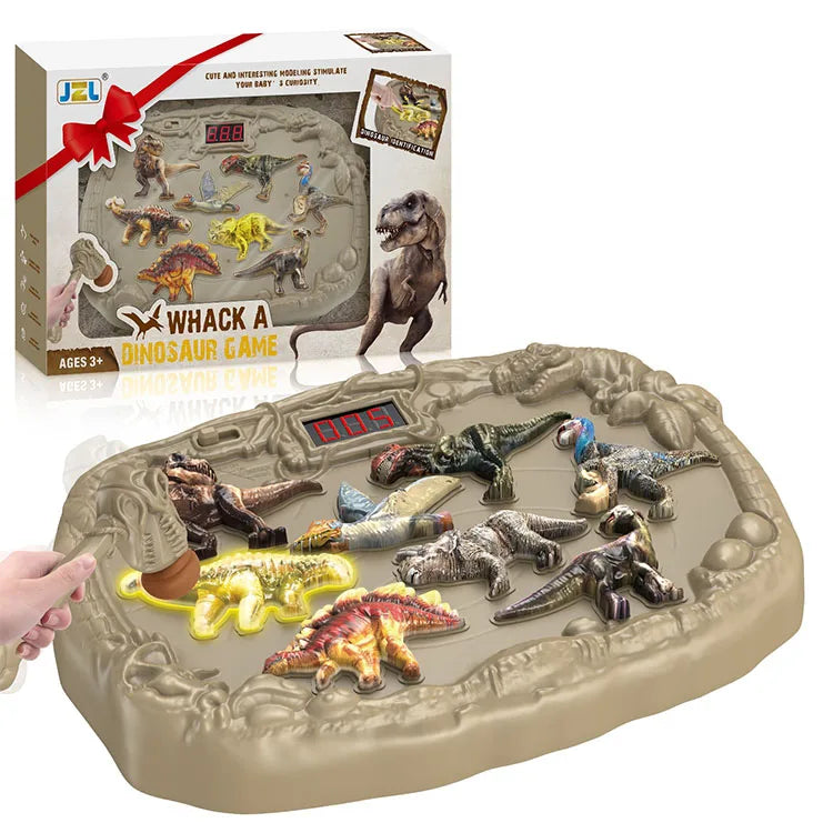 Beige plastic 1pc dinosaur whack-a-mole game with colorful dinos led scoring music and 2 hammers for early educational toys