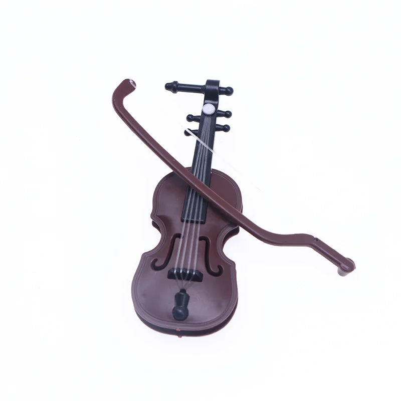 Brown plastic dollhouse mini christmas violin with black tuning pegs and christmas wood grain for miniature scene decor