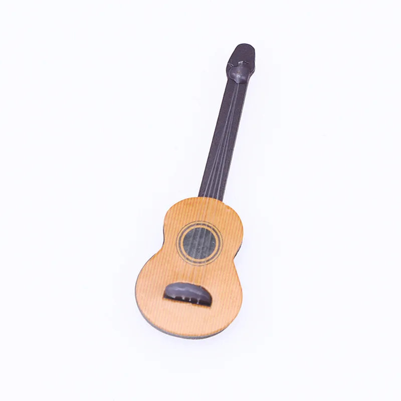 Miniature wooden acoustic guitar with light brown body and black neck for dollhouse mini christmas wood grain decor