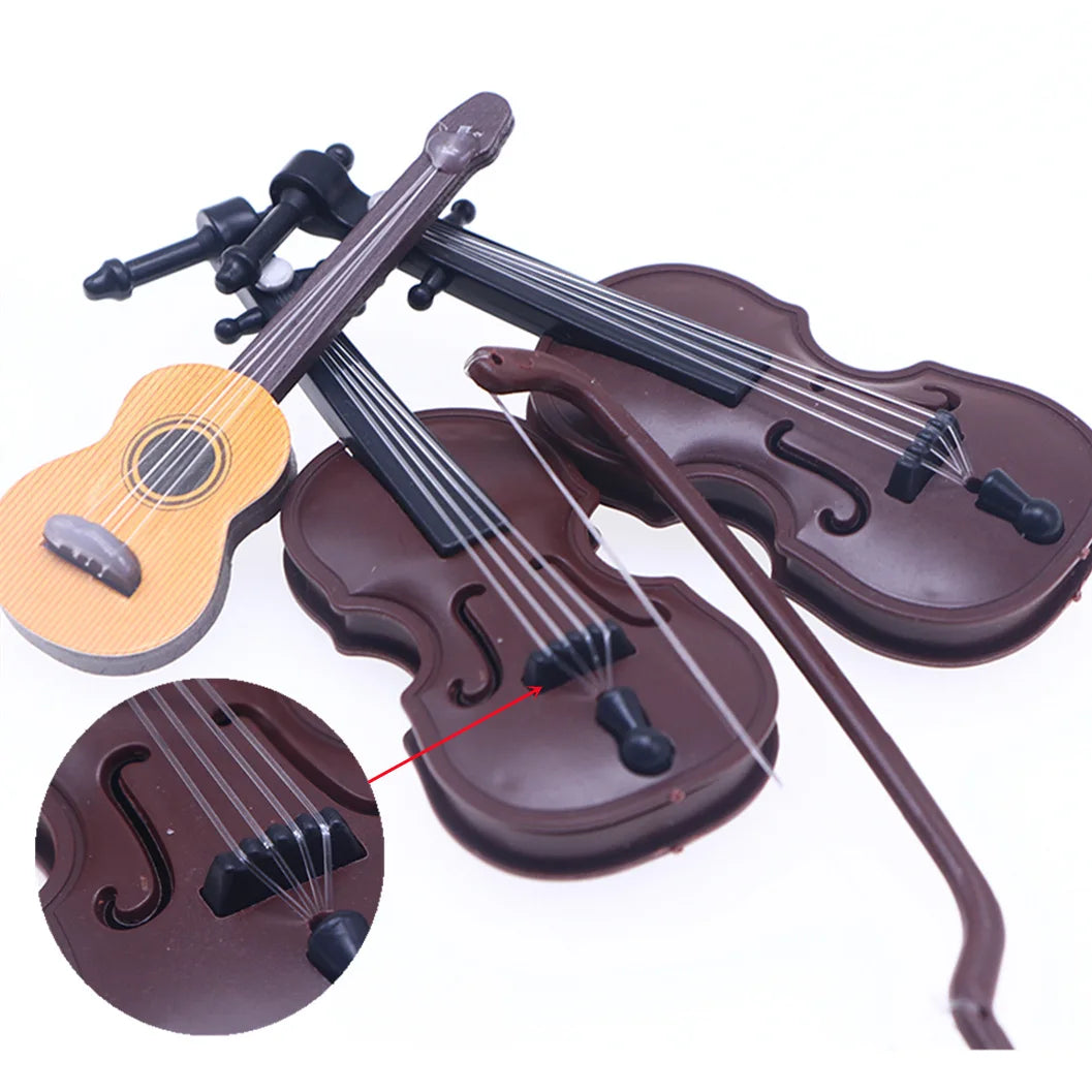 Chocolate violin with black strings and matching bow miniature scene dollhouse mini christmas wood grain decor accessory