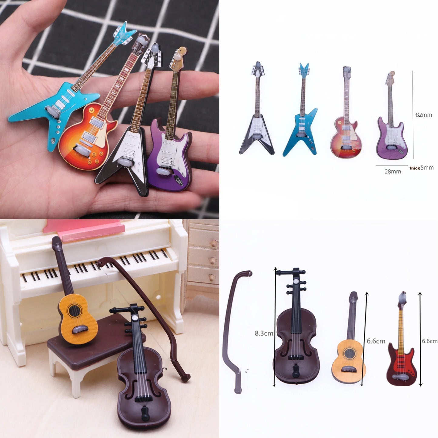 Miniature electric guitar pins in blue orange and purple with detailed finishes for dollhouse mini christmas wood grain decor
