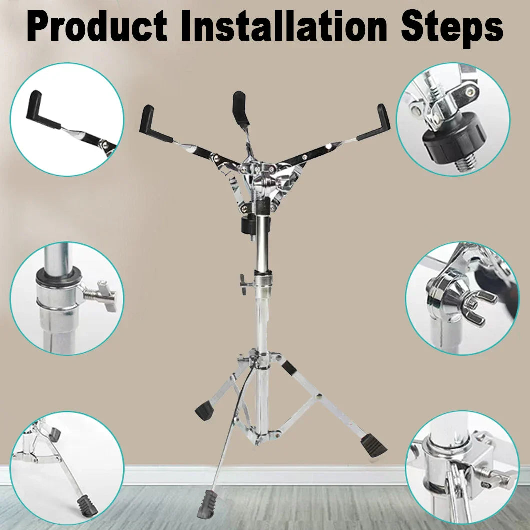 Chrome finished 1pc drum stand with adjustable arms, black rubber grips, double braced legs, and drumstick holder for concert use