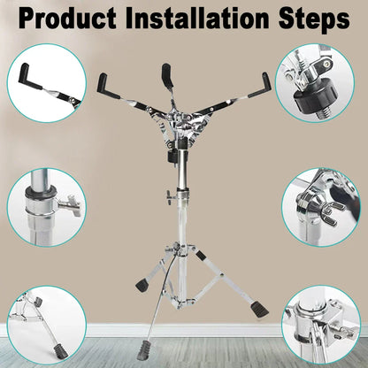 Chrome finished 1pc drum stand with adjustable arms, black rubber grips, double braced legs, and drumstick holder for concert use