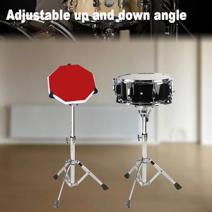 Red octagonal drum pad mounted on a silver double braced concert drum stands adjustable with drumstick holder