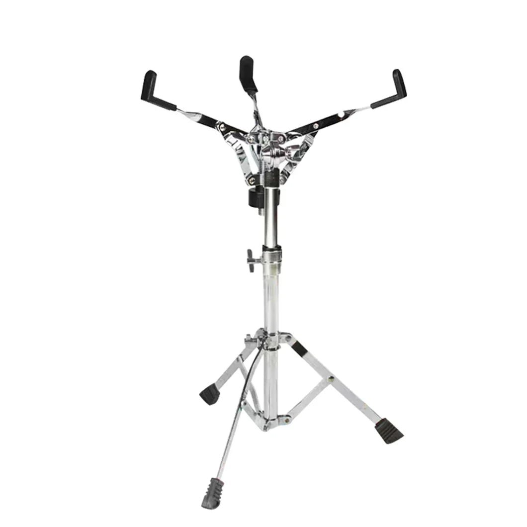 Silver chrome-finished adjustable drum stand with double bracing, black rubber feet, padded grips, and drumstick holder