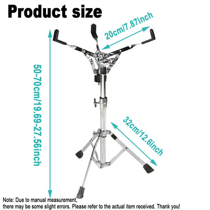 Silver chrome-finished concert drum stands adjustable double braced with black rubber feet and drumstick holder