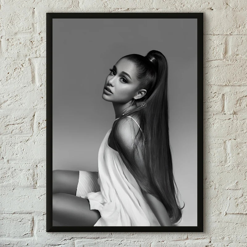 Black-framed black and white 1pc famous singer ariana grande print home living room poster with high ponytail portrait