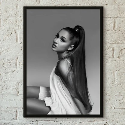 Black-framed black and white 1pc famous singer ariana grande print home living room poster with high ponytail portrait