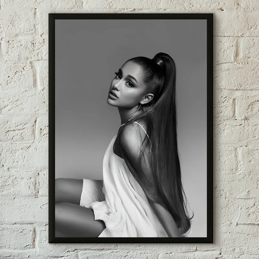 Black-framed black and white 1pc famous singer ariana grande print home living room poster with high ponytail portrait