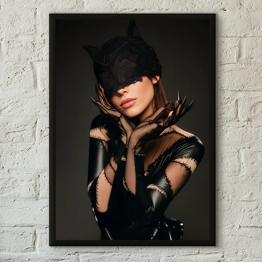 Black framed 1pc famous singer ariana grande poster featuring woman in black leather catwoman costume print home living decor