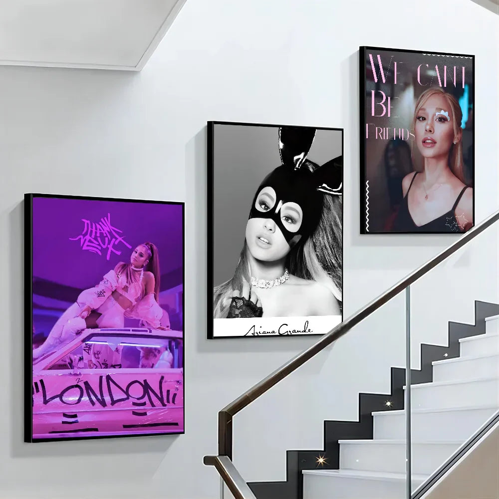 A 1pc famous singer ariana grande poster print home living room decoration displayed in white frames above staircase