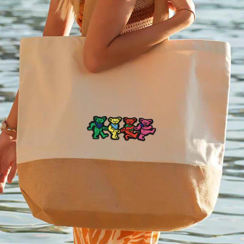 Beige canvas tote bag with a colorful grateful dead dancing embroidered patch for badge diy gift on clothes and bags