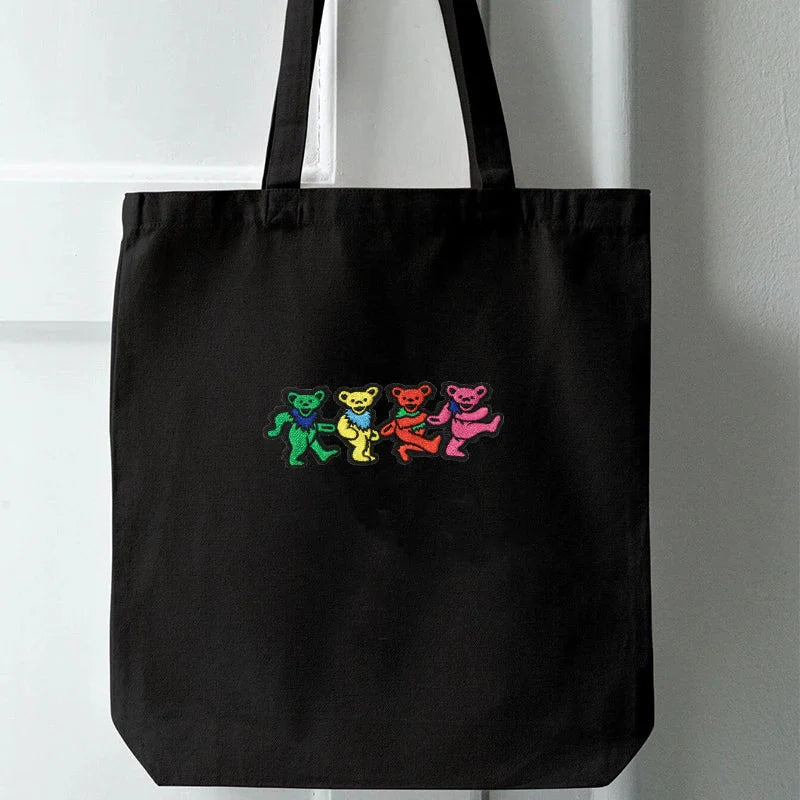 Black canvas tote bag with colorful embroidered grateful dead dancing bears patch diy gift for clothes and accessories