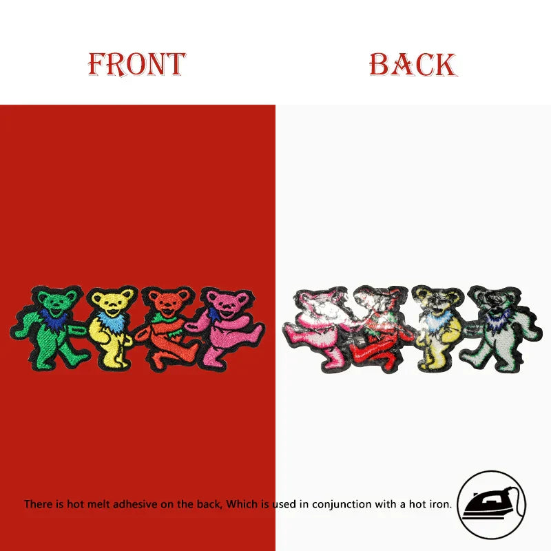 Colorful embroidered grateful dead dancing patch featuring five rainbow dead dancing bears with black outlines for badge diy gift