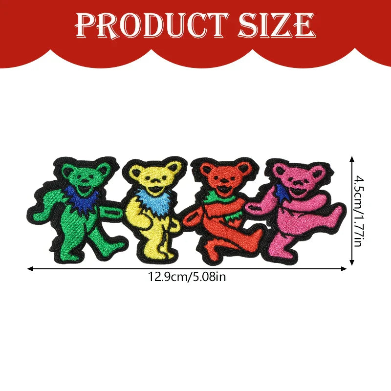 Four embroidered grateful dead dancing bears patch in green yellow red and pink with black outlines for badge diy gift