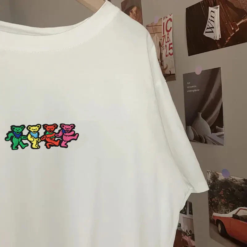 White cotton t-shirt with colorful grateful dead dancing embroidered patch featuring dead dancing bears badge diy gift
